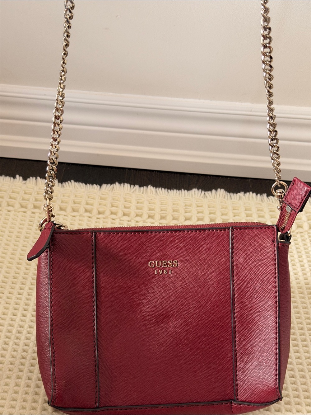 Guess Burgundy Crossbody with Gold Chain Strap